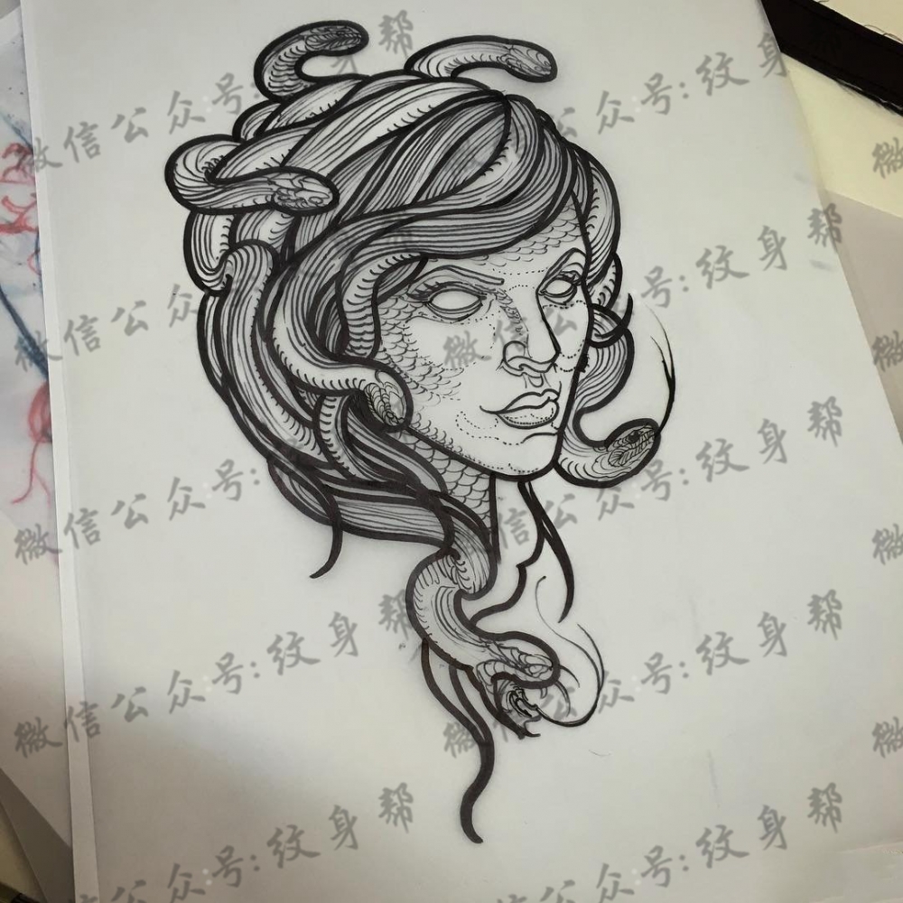 欧美school美杜莎线条纹身图案手稿