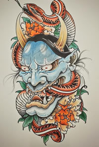 传统般若彩色蛇纹身图案手稿