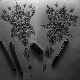 梵花骷髅纹身图案手稿