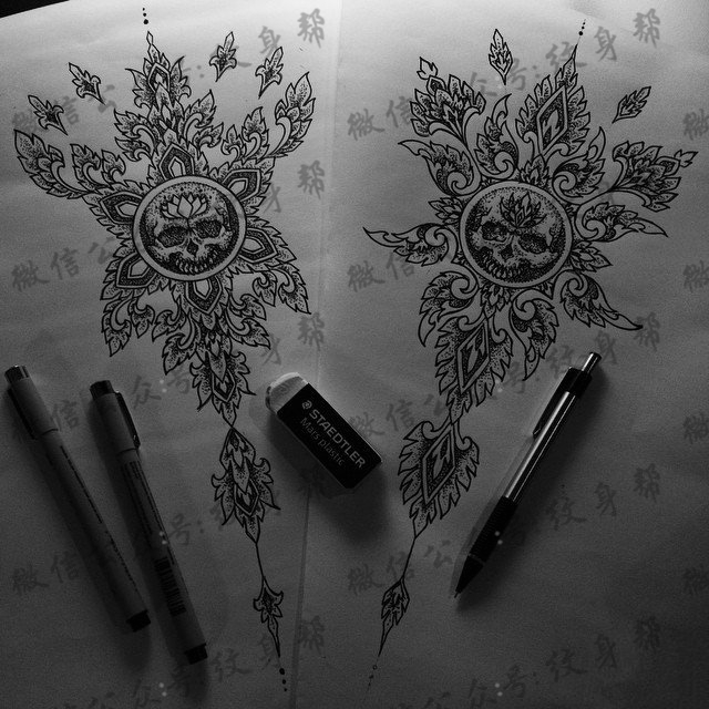 梵花骷髅纹身图案手稿