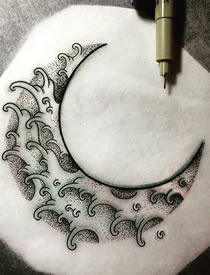 小清新浪花月亮纹身图案手稿