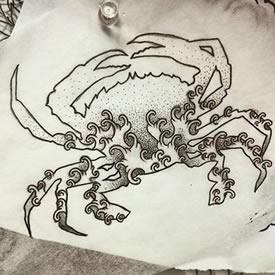 浪花螃蟹点刺纹身图案手稿