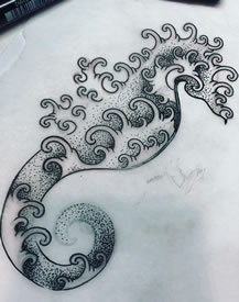 海马浪花点刺纹身图案手稿
