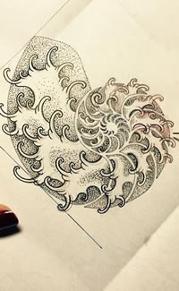 浪花点刺海螺纹身图案手稿