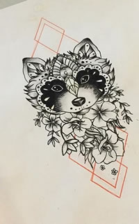 浣熊花卉线条纹身图案手稿