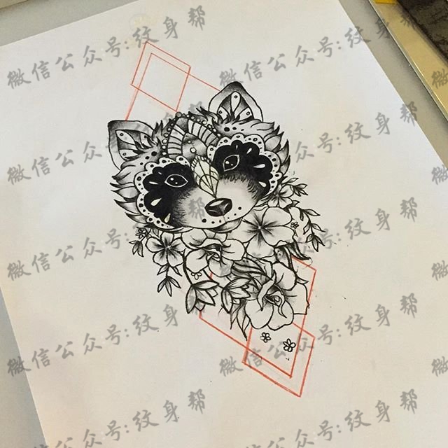 浣熊花卉线条纹身图案手稿