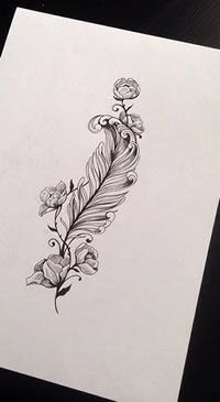 小清新羽毛花卉纹身图案手稿