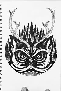 猫头鹰图腾点刺森林纹身图案手稿