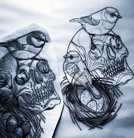 欧美school鸟骷髅纹身图案手稿