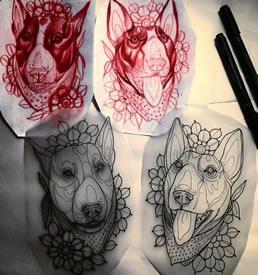欧美school纹身狗图案手稿