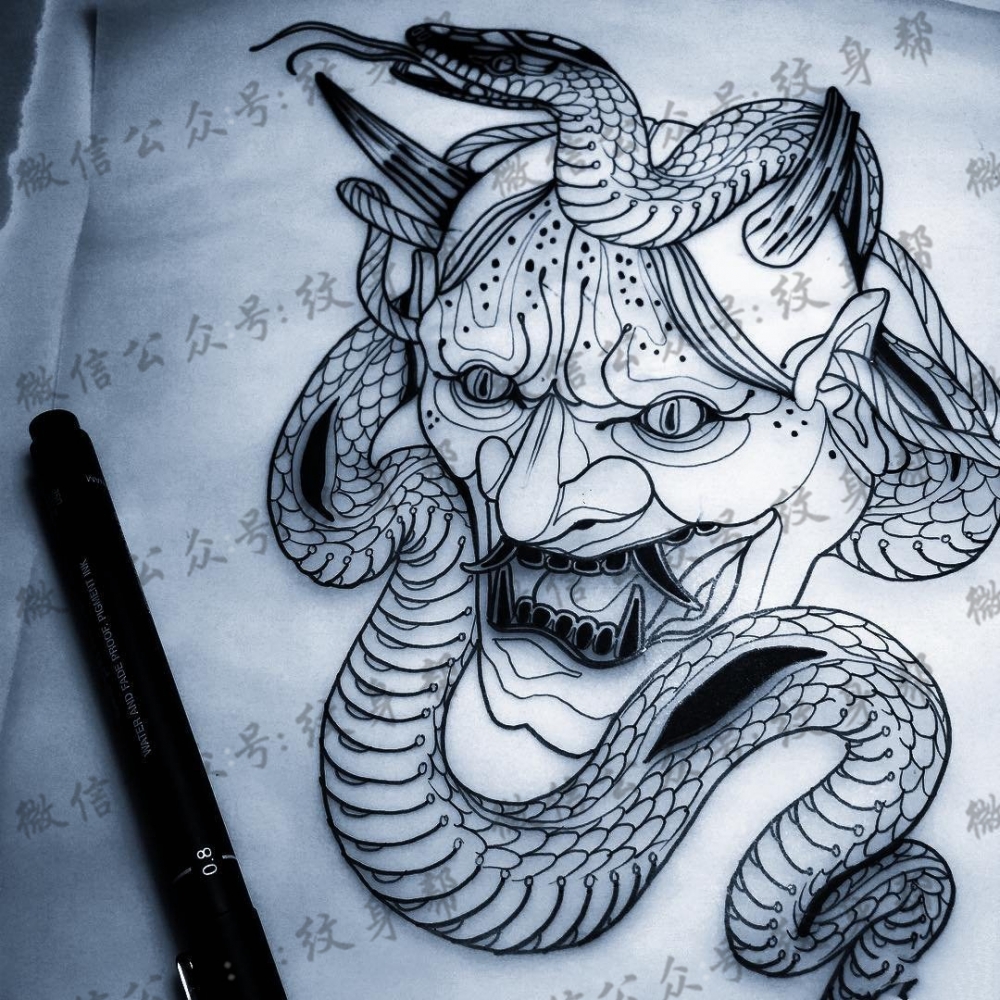 school 般若蛇纹身图案手稿