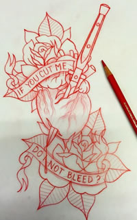 欧美school玫瑰心脏纹身图案手稿