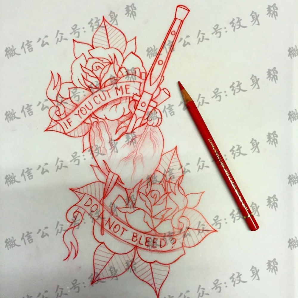 欧美school玫瑰心脏纹身图案手稿
