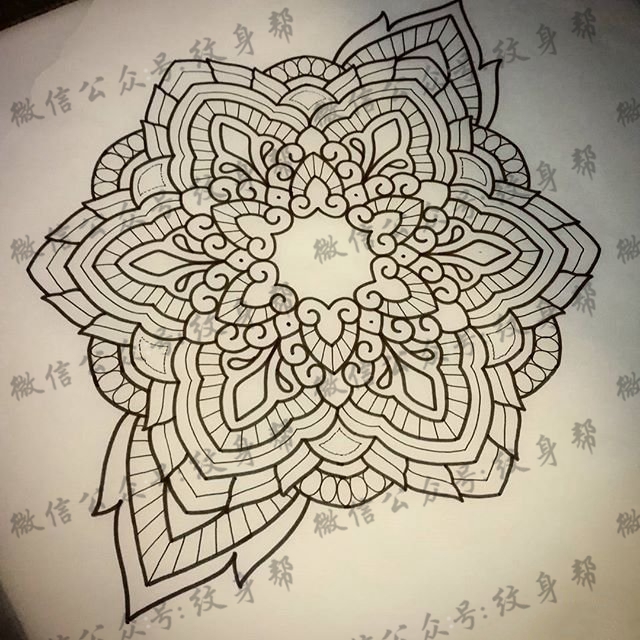 欧美school梵花线条纹身图案手稿