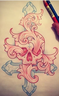 欧美school骷髅十字架纹身图案手稿