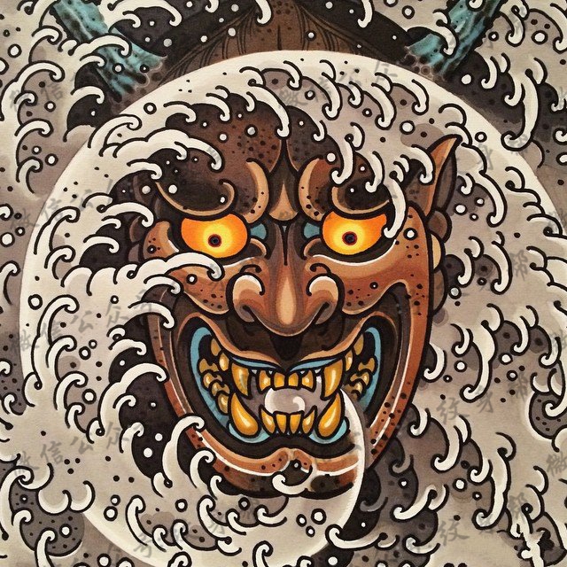 日式浪花般若纹身图案手稿