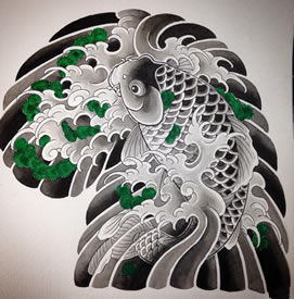 日式传统半胛鲤鱼纹身图案手稿