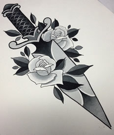 欧美school匕首玫瑰纹身图案手稿