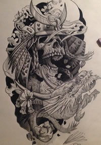 日式鬼武士龙纹身图案手稿