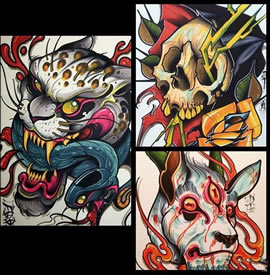 new school 豹子骷髅羊头纹身图案手稿