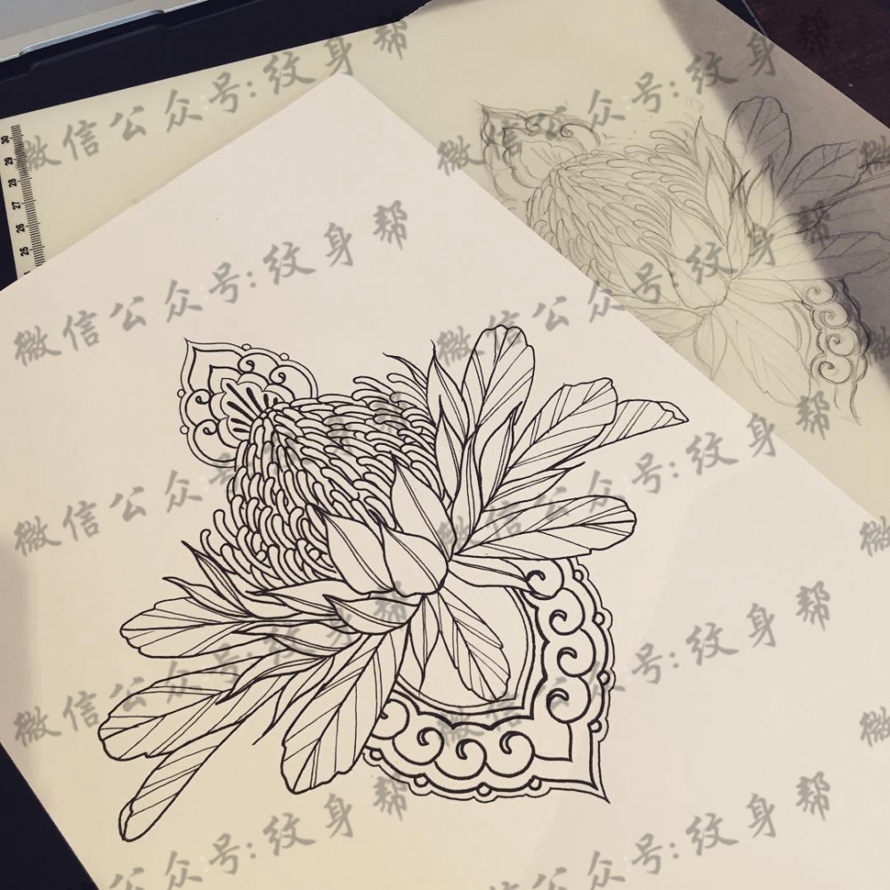 欧美花卉梵花纹身图案手稿