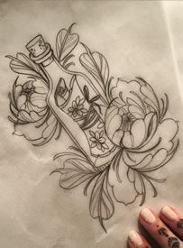欧美school瓶子菊花纹身图案手稿