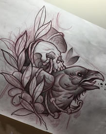 欧美school乌鸦纹身图案手稿