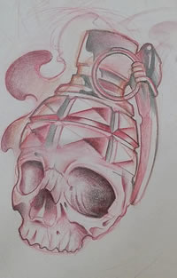 欧美school骷髅手雷纹身图案手稿
