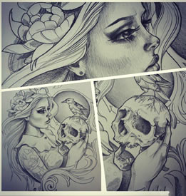 欧美骷髅死亡女郎纹身图案手稿