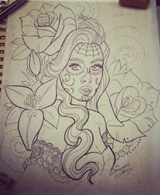 欧美玫瑰死亡女郎纹身图案手稿