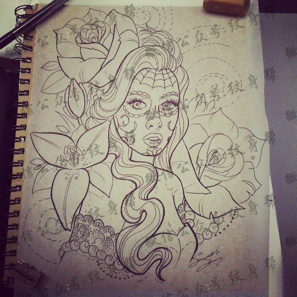 欧美玫瑰死亡女郎纹身图案手稿