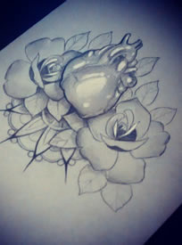 欧美黑灰心脏玫瑰纹身图案手稿