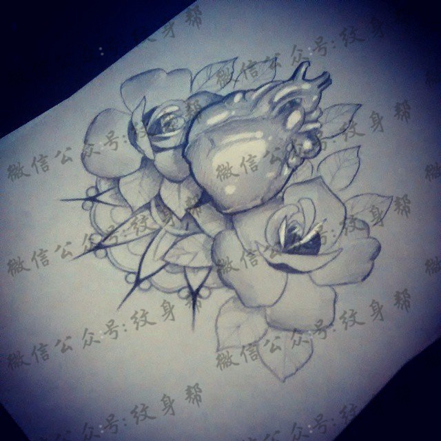 欧美黑灰心脏玫瑰纹身图案手稿