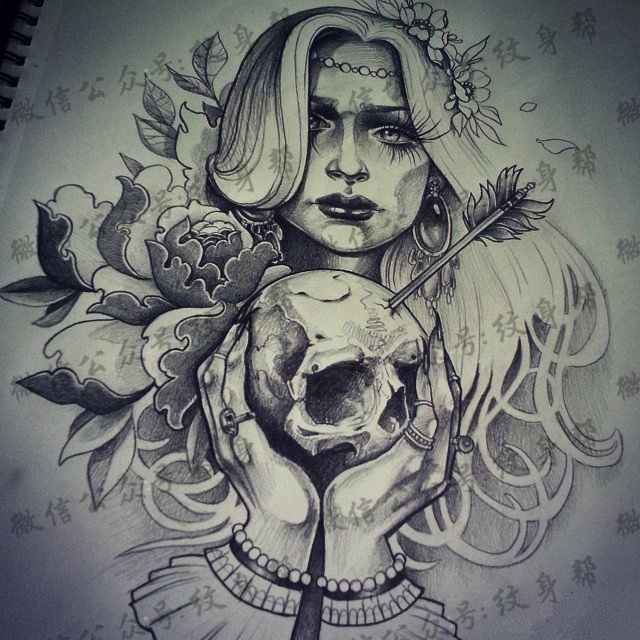 欧美school女郎骷髅纹身图案手稿