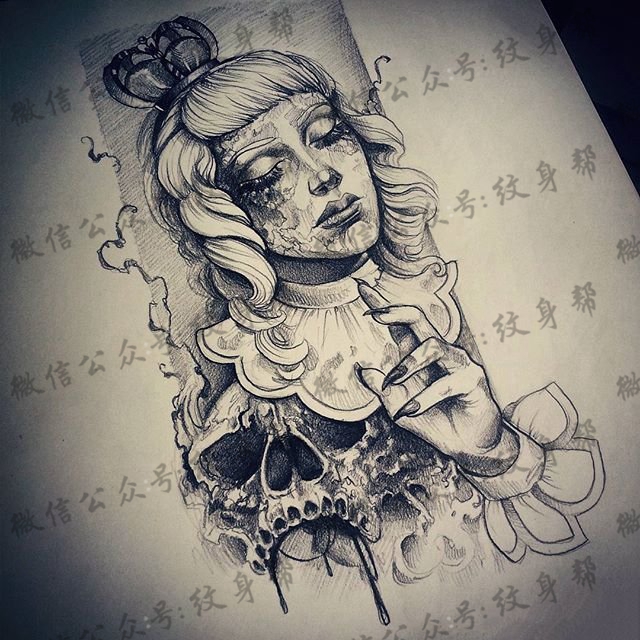 欧美school女郎骷髅纹身图案手稿