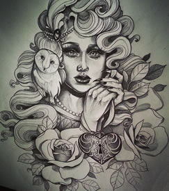 欧美school女郎猫头鹰纹身图案手稿