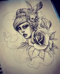 school女郎玫瑰骷髅纹身图案手稿