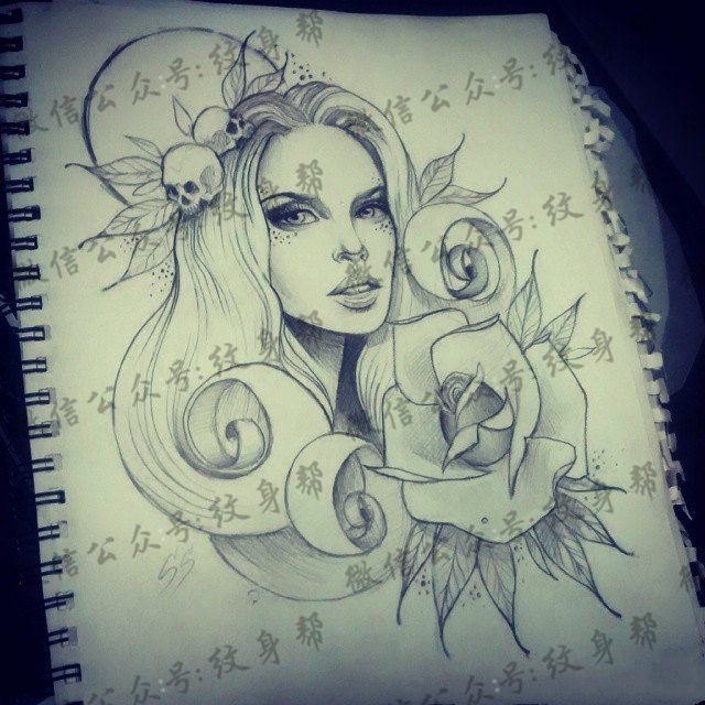 school女郎玫瑰骷髅纹身图案手稿