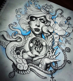 欧美school女郎章鱼纹身图案手稿