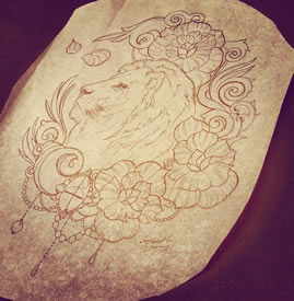 欧美school狮子花卉纹身图案手稿