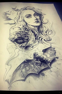 欧美school女郎蝙蝠纹身图案手稿