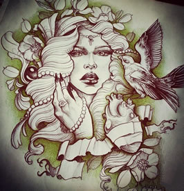 欧美school女郎心脏鸟纹身图案手稿