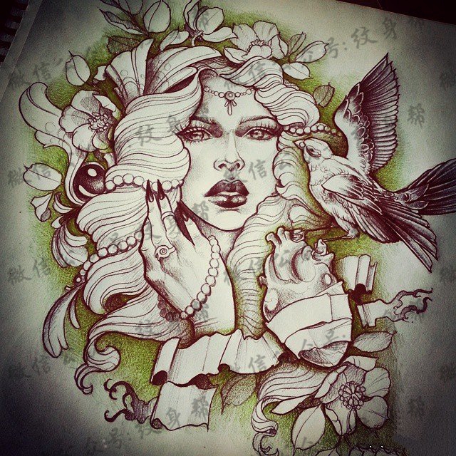 欧美school女郎心脏鸟纹身图案手稿