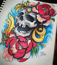 欧美new school骷髅花卉纹身图案