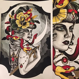 欧美school女郎花卉蛇纹身图案手稿