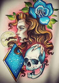 欧美school女郎骷髅月亮纹身图案手稿