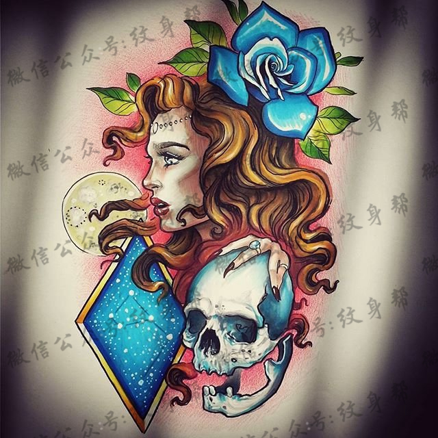 欧美school女郎骷髅月亮纹身图案手稿