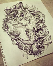 欧美黑灰school美人鱼纹身图案手稿