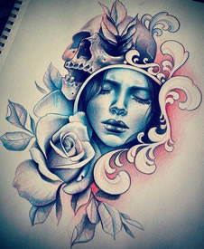 school骷髅女郎欧美纹身图案手稿