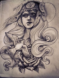 欧美school女郎鸽子花卉纹身图案手稿